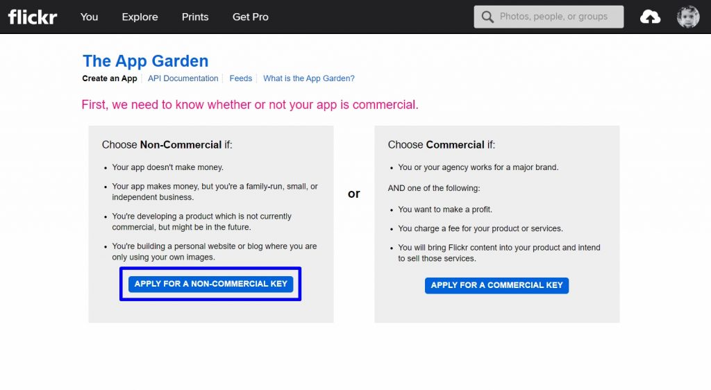 Apply for a non-commercial key - Flickr API Key