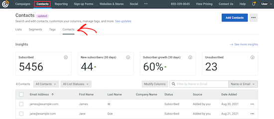 "Contacts" tab for email list and subscriber information