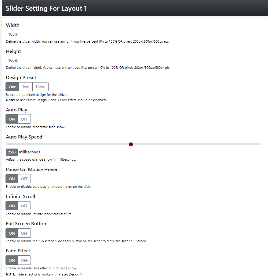 configure the slider settings