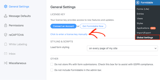 Formidable Forms Global Settings