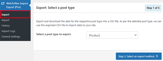 export - select a post type