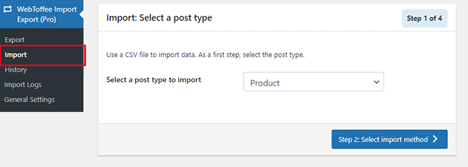 import and select post type