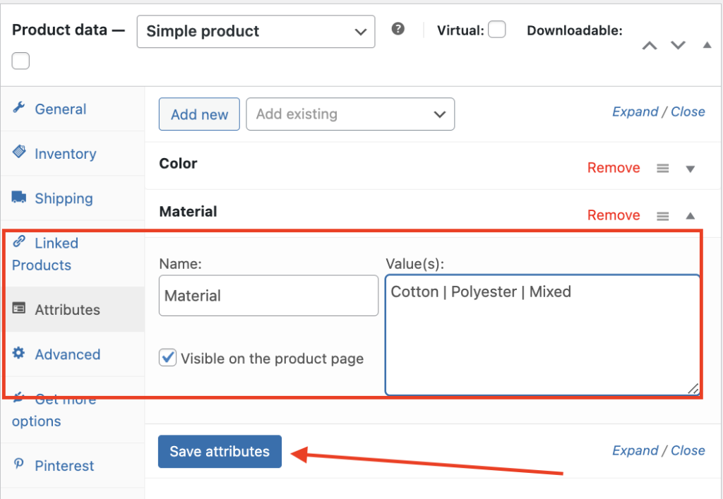 divider between the different options